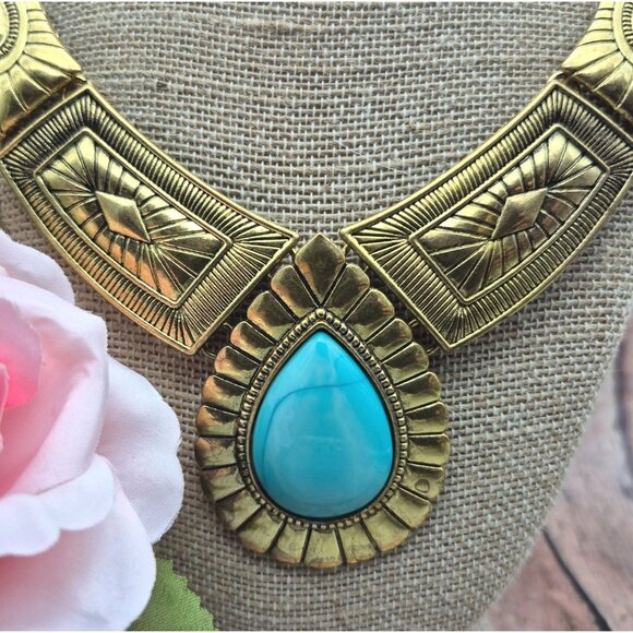 NWOT Gold Tone & Faux Turquoise Teardrop Bib Collar Necklace Southwestern 22" - Picture 4 of 10